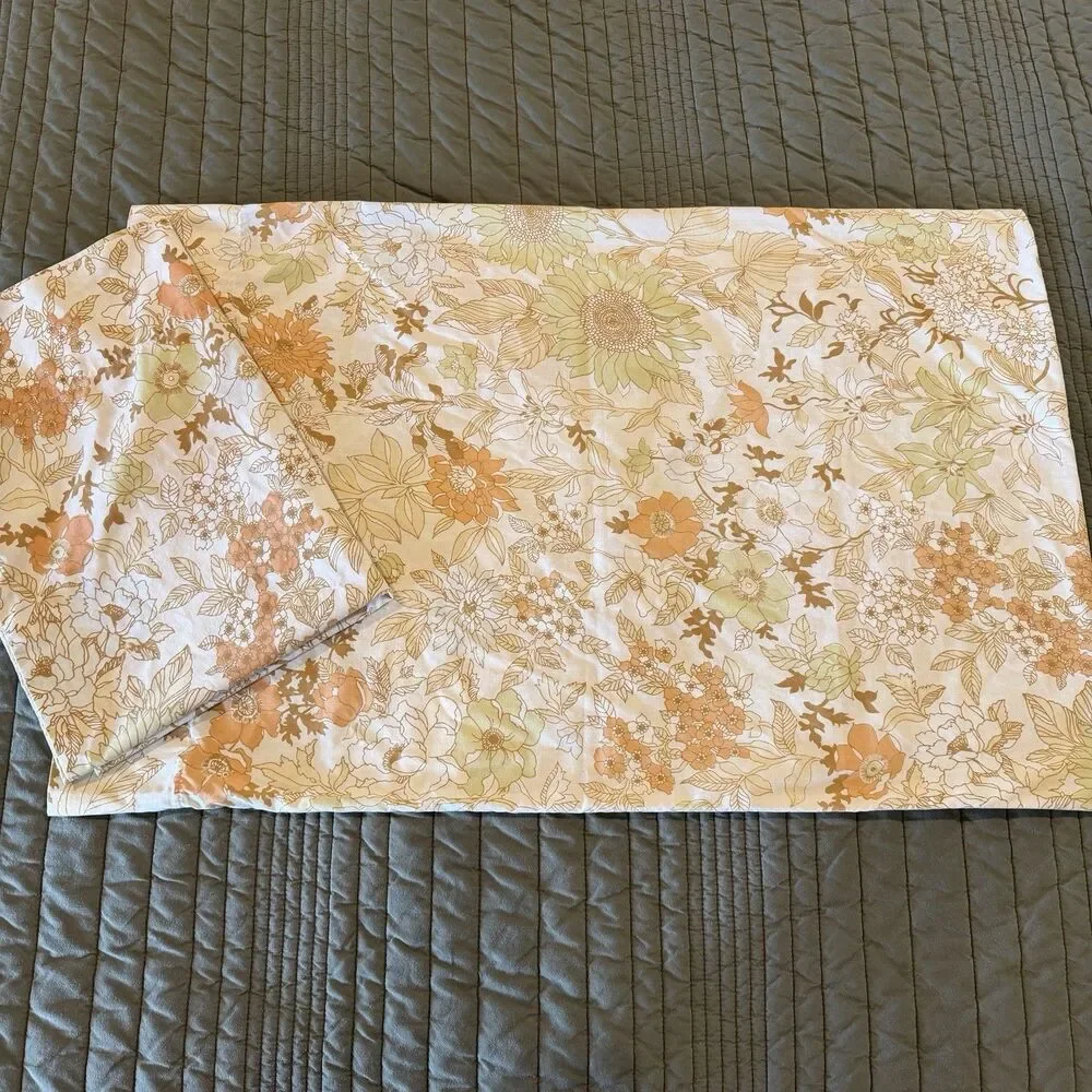 Vintage Cannon Floral 2 Pillowcases Mod 60s 70s Mid Century Green Orange Cream